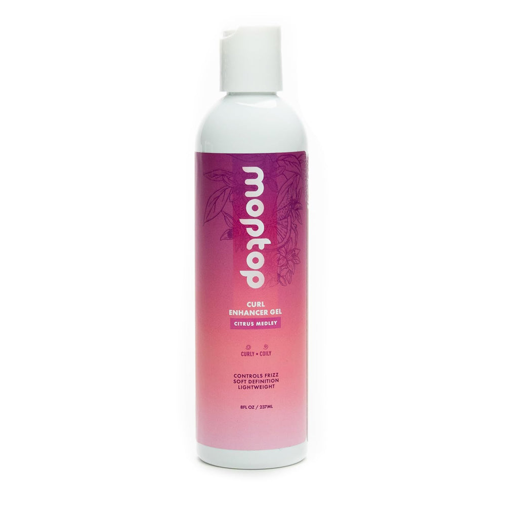 MopTop Curl Enhancer Gel bottle front shows defined curls and frizz control.