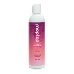 MopTop Curl Enhancer Gel bottle front shows defined curls and frizz control.