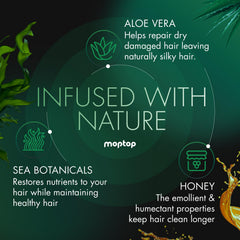 MopTop Shampoo bottle in salon setting suggests professional grade cleansing.