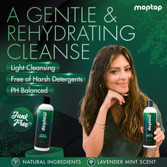 MopTop Gentle Shampoo lather on wet hair demonstrates gentle cleansing.