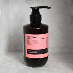 Moremo scalp shampoo ingredients closeup highlighting natural actives for nourishment