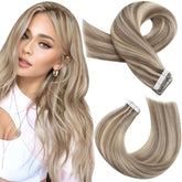 Moresoo tape-in extensions in blonde highlights for natural volume.