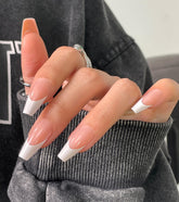 Morily light pink white French tip nails on bottle display for easy at-home manicure
