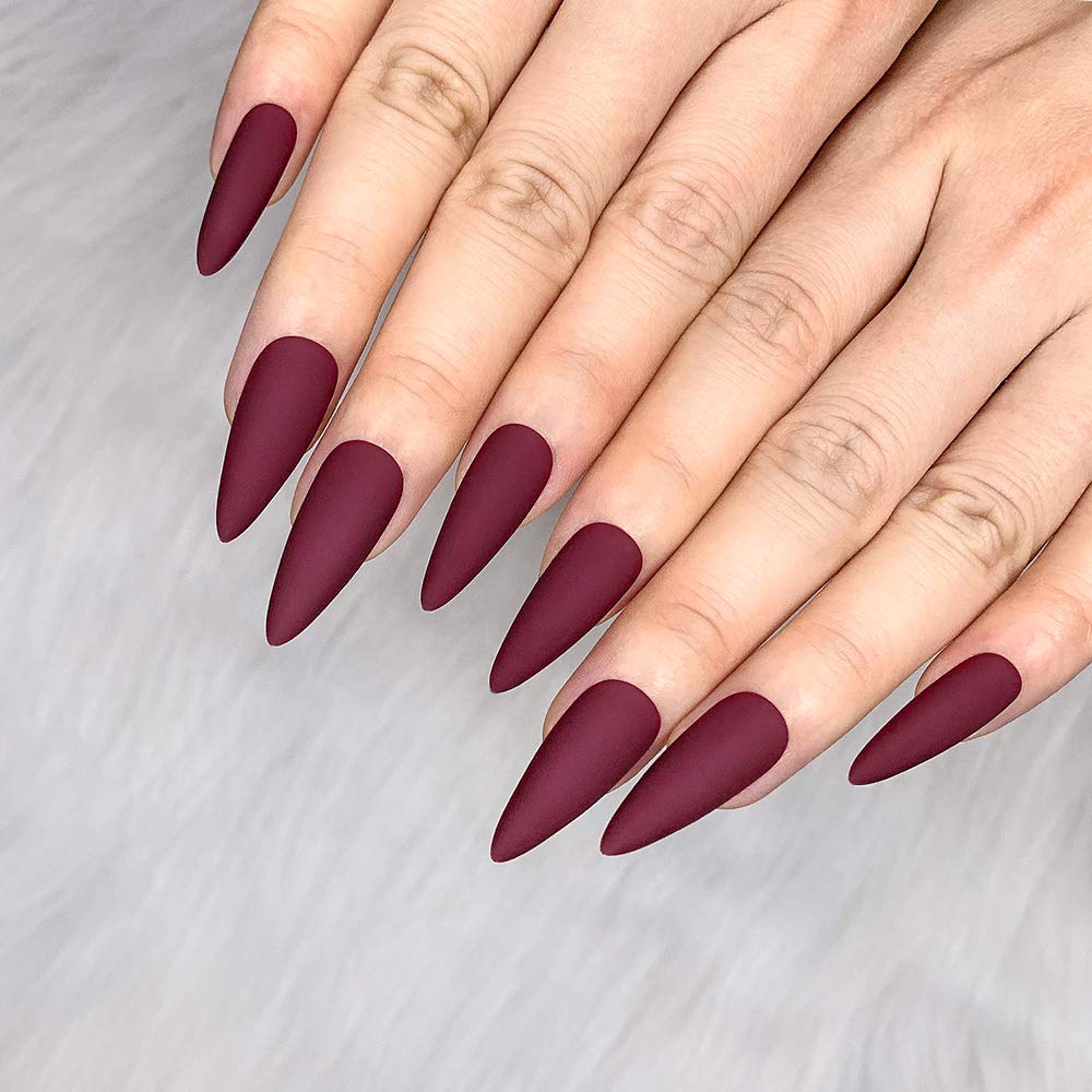 Morily wine-red stiletto almond press-on nails for elegant evenings