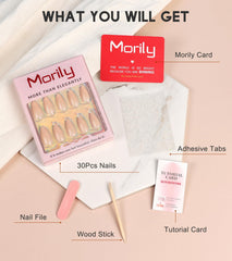 Morily kit content: file, instruction card, wooden stick and 30 nails in 15 sizes.