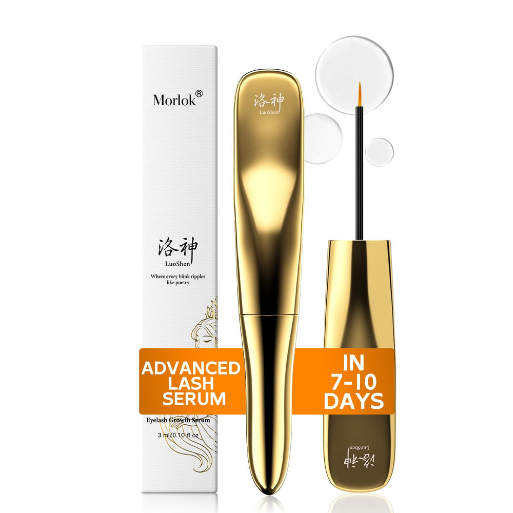 Morlok eyelash serum bottle close-up with precise applicator for daily lash care