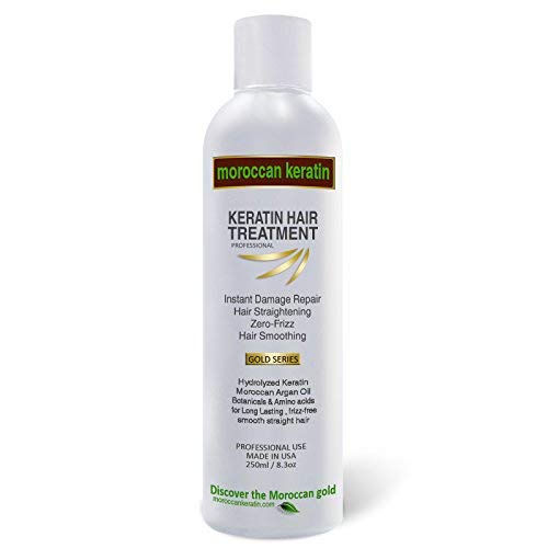 Moroccan Keratin Gold Series bottle pour for smooth, straight hair with lasting results