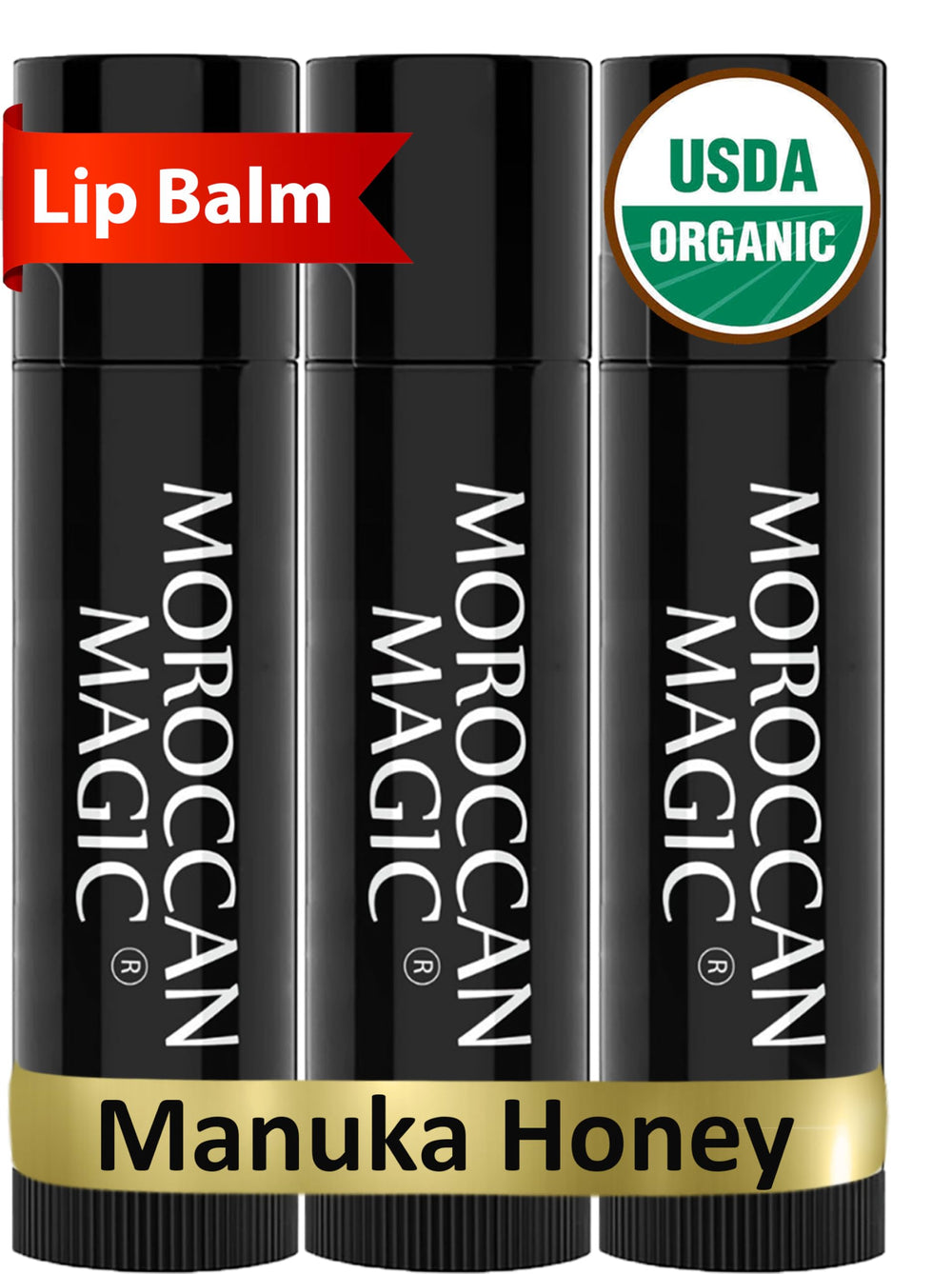 Moroccan Magic Organic Manuka Honey Lip Balm 3 Pack front view, ultra-hydration ready.