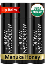 Moroccan Magic Organic Manuka Honey Lip Balm 3 Pack front view, ultra-hydration ready.