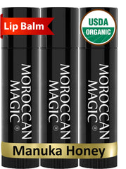 Moroccan Magic Organic Manuka Honey Lip Balm 3 Pack front view, ultra-hydration ready.