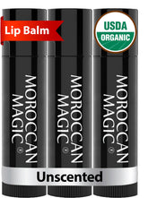 Moroccan Magic Organic Unscented Lip Balm 3-pack — hydrating and natural lip care.