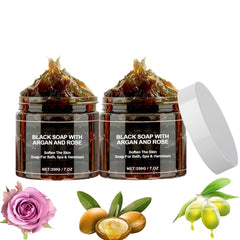 Morocco Black Soap with Argan and Rose: argan-rose paste texture for gentle exfoliation