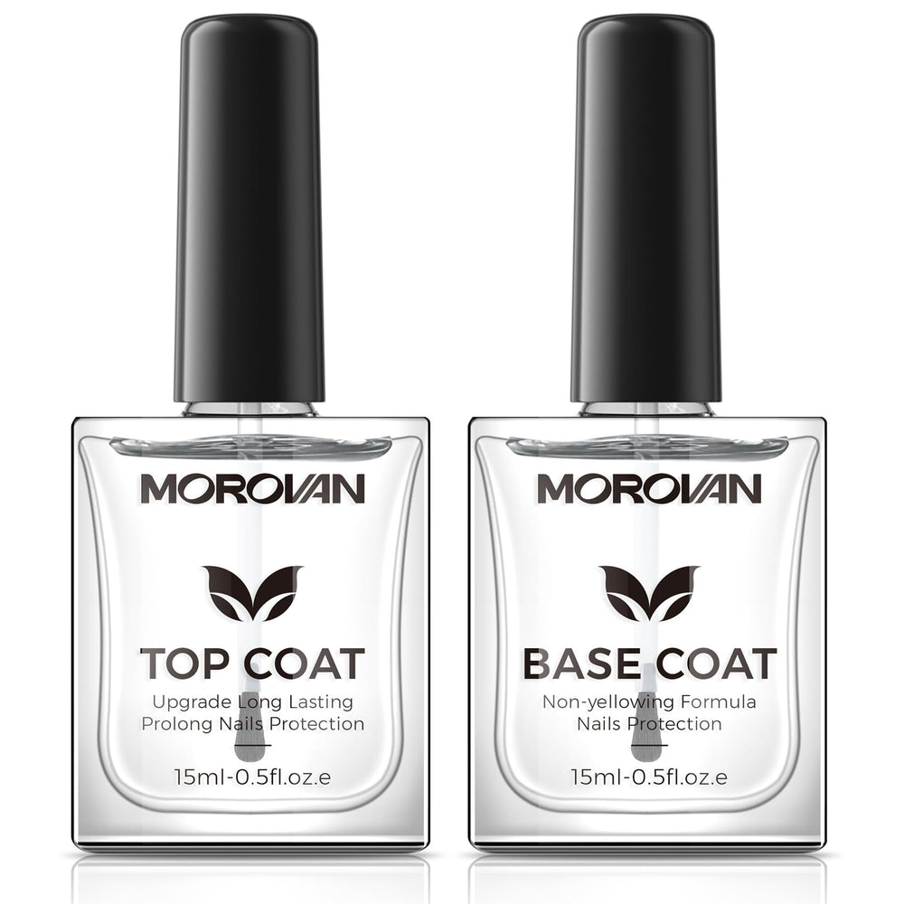 Morovan base top coat clear bottle showing long-lasting glossy finish for nails