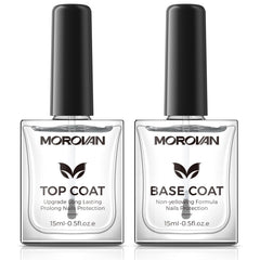 Morovan base top coat clear bottle showing long-lasting glossy finish for nails