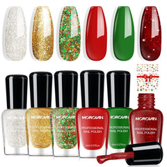 Morovan Christmas nail polish set bottles showcase six festive colors for long-lasting holiday manicures.
