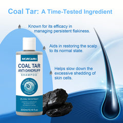 Morovan Coal Tar Shampoo label detail highlights 2% coal tar and key benefits.