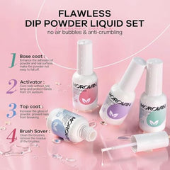 Close-up of Morovan dip powder application during at-home manicure.