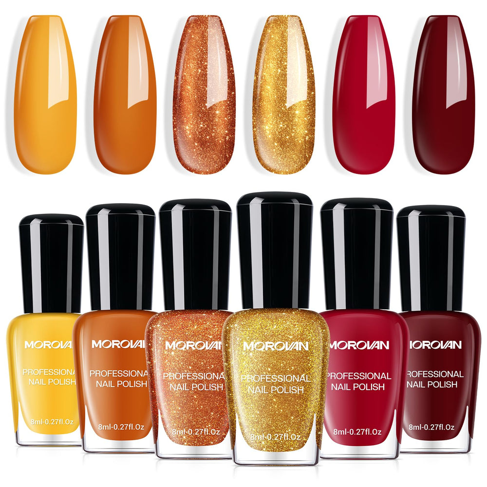 Morovan orange nail polish set with six autumn shades for quick-dry, salon-worthy finish.