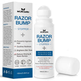 Morovan Razor Bumps Serum bottle shown for smooth skin after shaving.