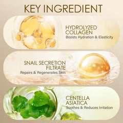 MOSRROU hyaluronic acid snail mucin ingredients illustrated for deeper hydration and soothing repair.