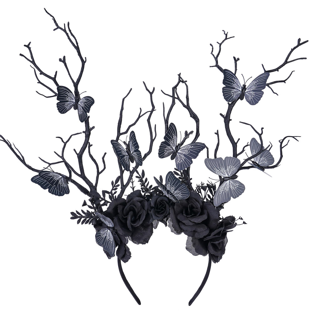MOSTORY Black Butterfly Branch Headband close-up showing forest-inspired craftsmanship