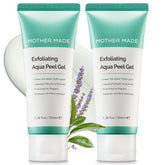 MOTHER MADE LHA green tea exfoliating aqua peel gel bottle closeup shows gentle exfoliation.