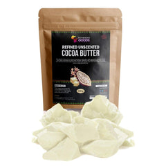 Motherland Goods refined cocoa butter chunks unscented for DIY skincare and hydration.