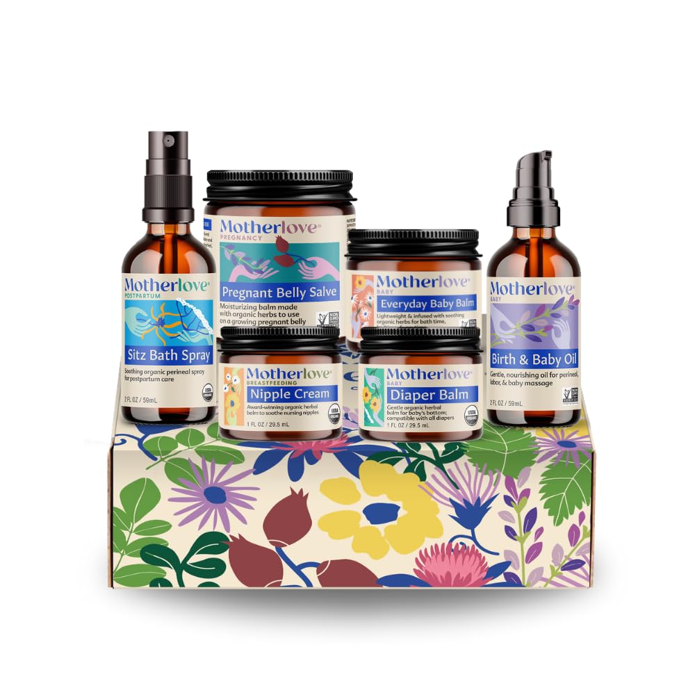 Motherlove Bump to Baby Box gift box showing organic herbal products for expectant moms' wellness.