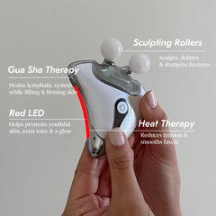 Mount Lai device in use on the cheek for lifted-looking definition.