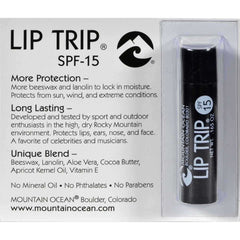 Mountain Ocean Lip Trip 0.165 oz tube protects lips from sun and wind during outdoor adventures.