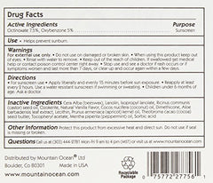 Mountain Ocean Lip Trip SPF 15 flavor label close-up, vanilla and peppermint notes for refreshing lip care