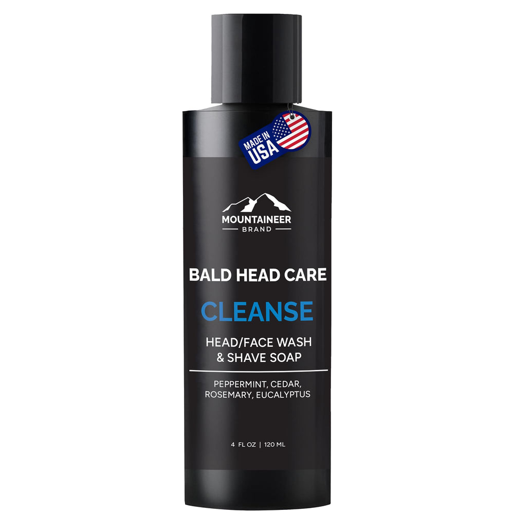 Mountaineer Brand Bald Head Wash bottle highlights refreshing scent and daily cleanse.