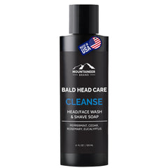 Mountaineer Brand Bald Head Wash bottle highlights refreshing scent and daily cleanse.
