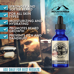Mountaineer Brand Pine Tar beard oil label communicates premium, moisturizing ingredients.