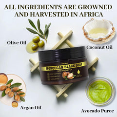 MR.A Moroccan Black Soap texture closeup highlights glycerin-rich exfoliation.