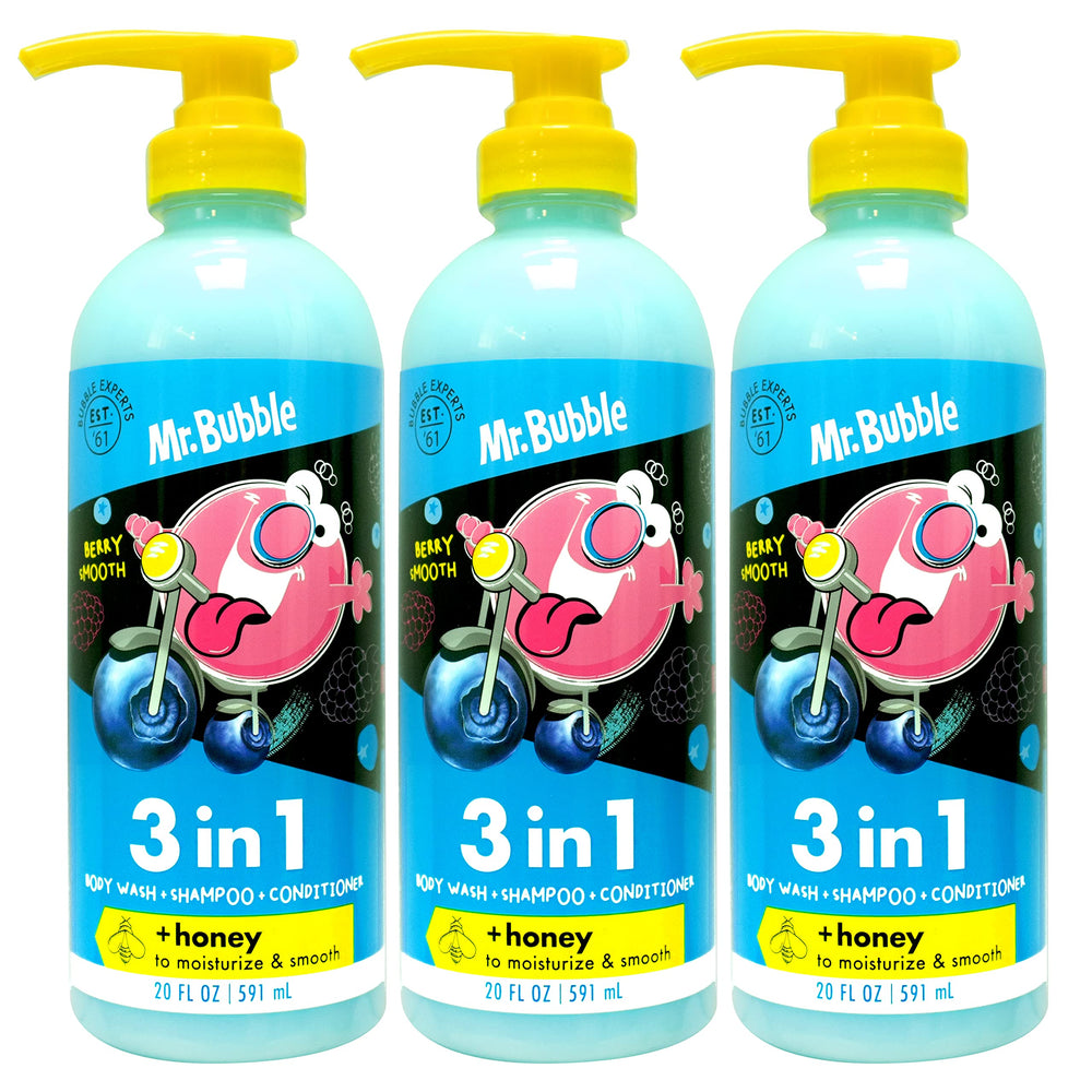 Mr. Bubble Berry Smooth 3in1 bottle for quick, gentle cleanse of hair and skin.