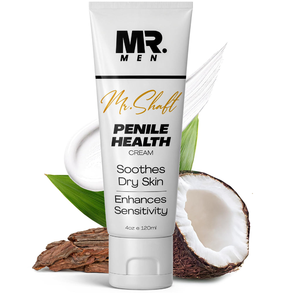 Mr. Men Premium Penile Cream bottle demonstrating fragrance-free hydration for sensitive skin.