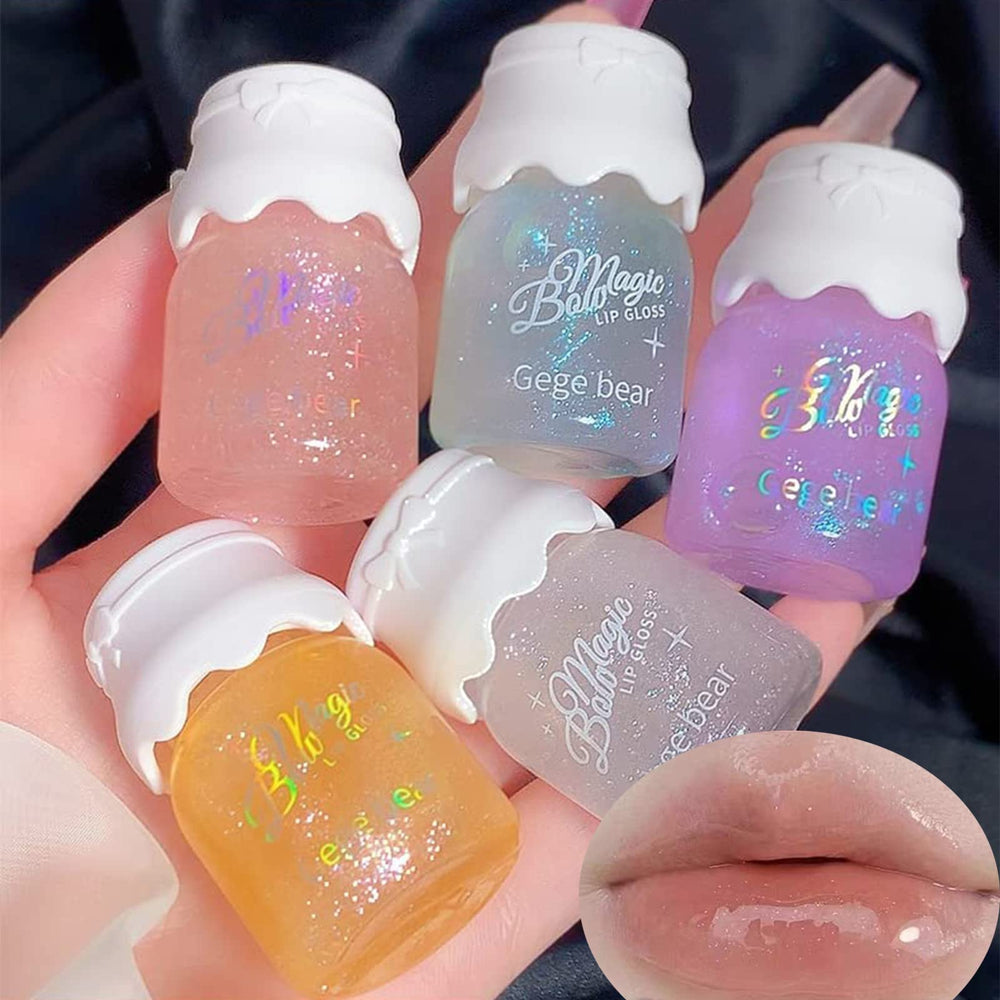 Mrettick 5 colors shimmer lip gloss set bottles provide hydrating, radiant lips.