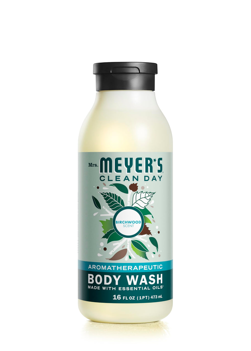 Mrs. Meyer's Birch Wood body wash bottle front view with forest-inspired, moisturizing formula.
