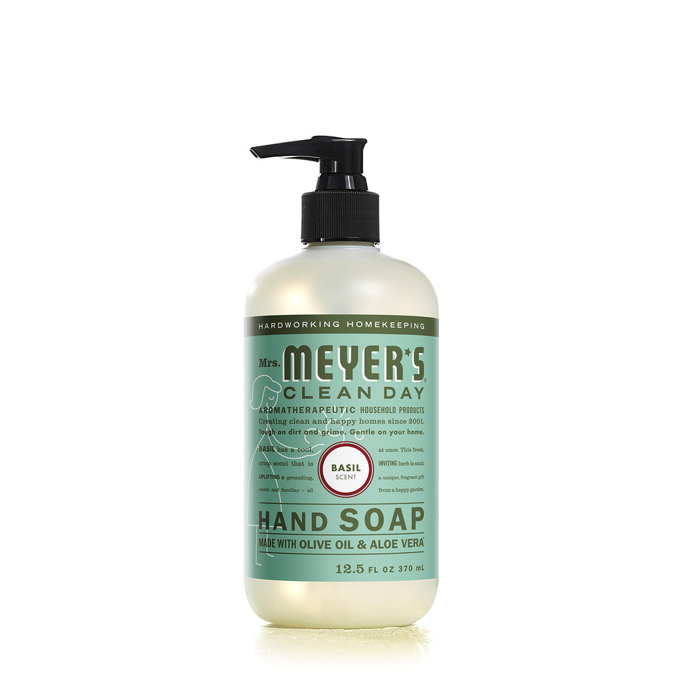 Mrs. Meyer's Clean Day Basil hand soap pump bottle, ready for everyday cleansing.