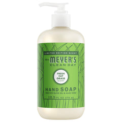 Mrs. Meyer's Clean Day Fresh Cut Grass bottle ready for quick handwashing after gardening.