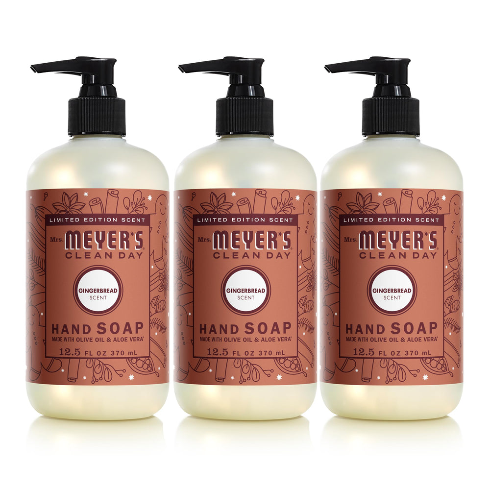 Mrs. Meyer's Gingerbread hand soap bottle highlighting festive scent and clean feel