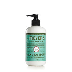 Mrs. Meyer's Clean Day Basil Hand Lotion bottle showing non-greasy formula
