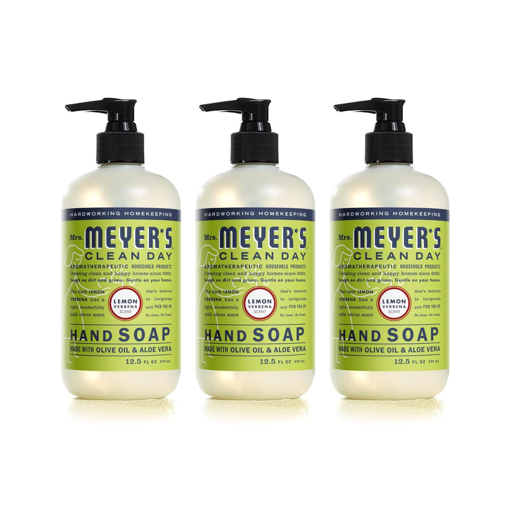 Mrs. Meyer's Clean Day Lemon Verbena hand soap bottle on sink, refreshing citrus aroma.