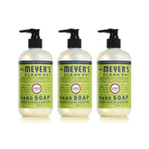 Mrs. Meyer's Clean Day Lemon Verbena hand soap bottle on sink, refreshing citrus aroma.