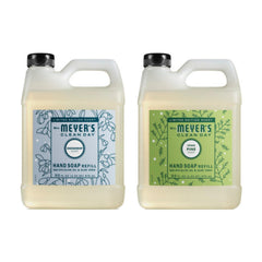 Mrs. Meyer's Clean Day hand soap refills label closeup showing nourishing ingredients.