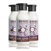 Mrs. Meyer's Clean Day lavender lotion bottle emphasizes long-lasting moisture for dry skin.