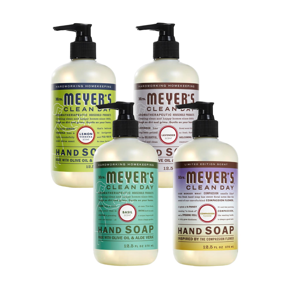 Mrs. Meyer's Clean Day Lemon Verbena bottle offers a refreshing citrus scent for daily hand washing.