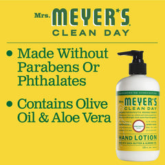 Applying Mrs. Meyer's Honeysuckle hand lotion for immediate softening of hands.