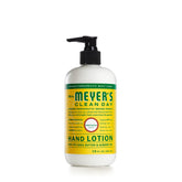 Mrs. Meyer's Honeysuckle hand lotion bottle shows quick-absorbing moisture for dry hands.